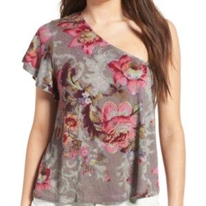 NWT Blouse One Shoulder Gray Floral Top Dressy